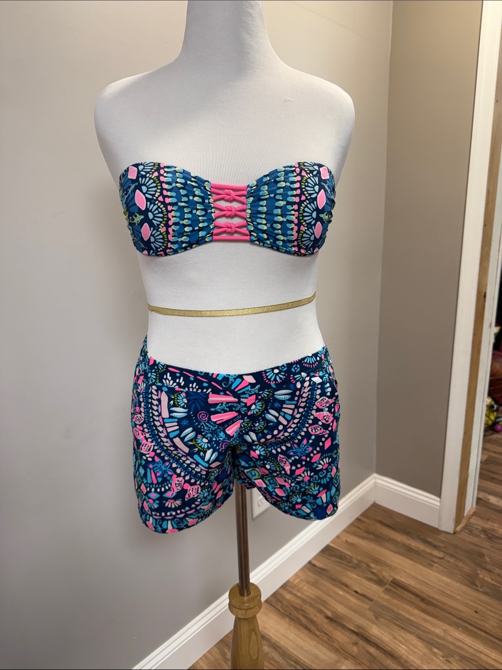 Lilly Pulitzer Blue and Pink Printed Bandeau Bikini and Short Set